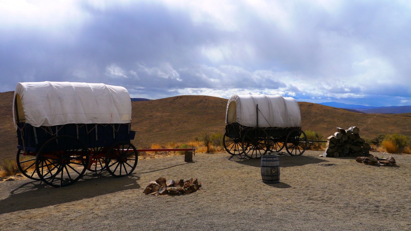 Two covered wagons on the grounds of the National Historic Oregon Trail Interpretive Center on Flagstaff Hill near Baker City, Oregon
