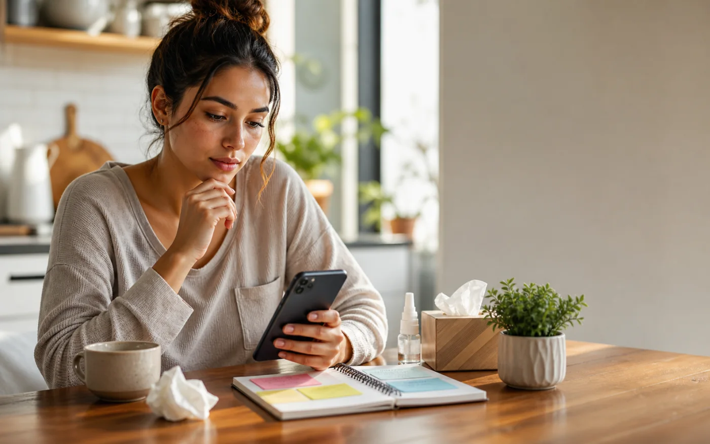 Adult at a kitchen table with phone, tissues, saline spray, tea, and notes, representing the need to sort sinus symptoms into allergy, cold, or sinus infection patterns.
