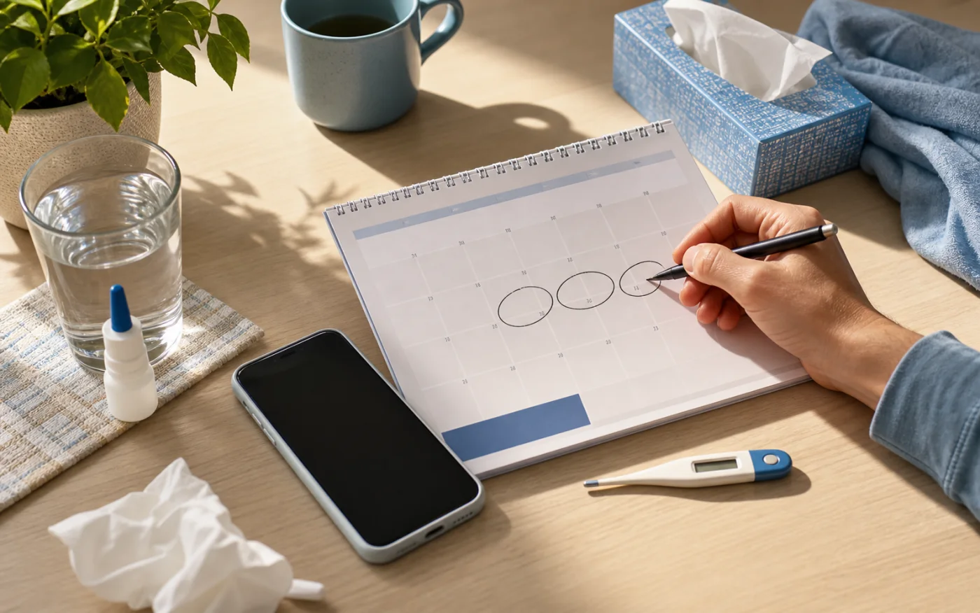 Hand marking a calendar near a phone and tissues, representing the day 5 to day 7 sinus symptom threshold.