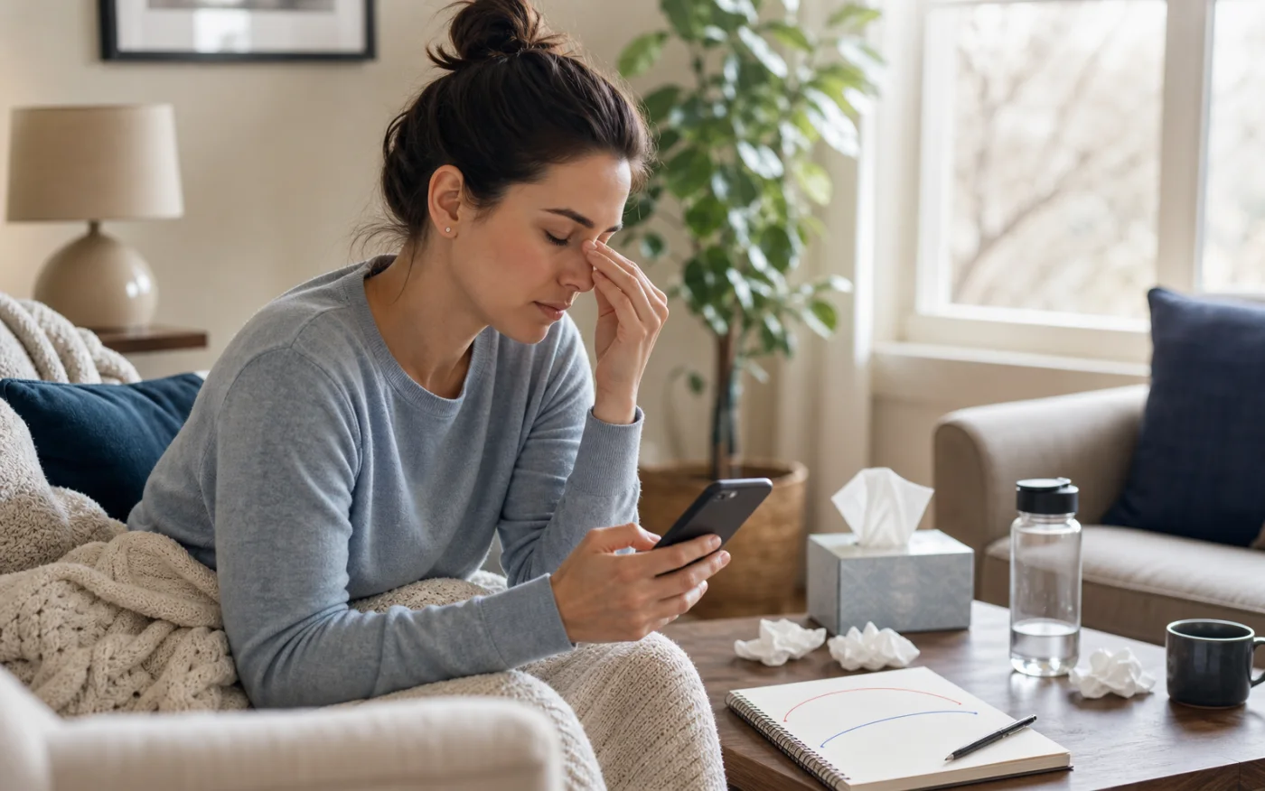 Adult at home holding the bridge of the nose near a phone and symptom notes, representing sinus symptoms that improved and then worsened again.