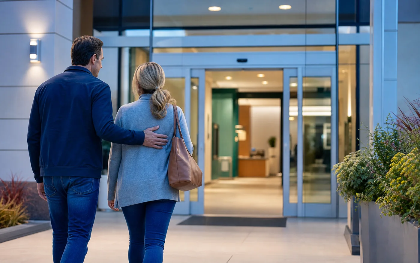 Adult and caregiver walking toward a modern clinic entrance, representing sinus symptoms that need in-person or emergency care.