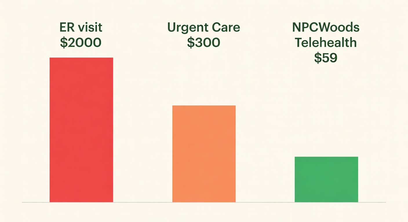Cost comparison infographic showing ER at $2000, Urgent Care at $300, and NPCWoods telehealth at $59