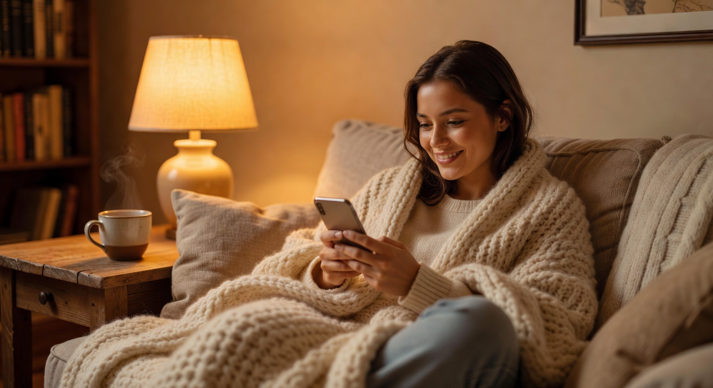 Person comfortably texting from their couch, looking relieved and hopeful