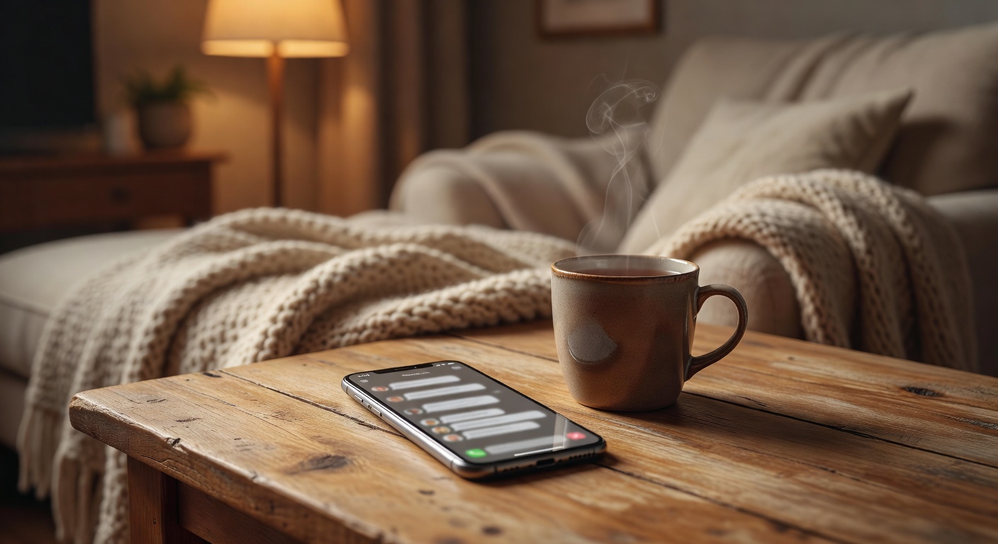 Smartphone showing a text conversation in a cozy home setting, representing async telemedicine