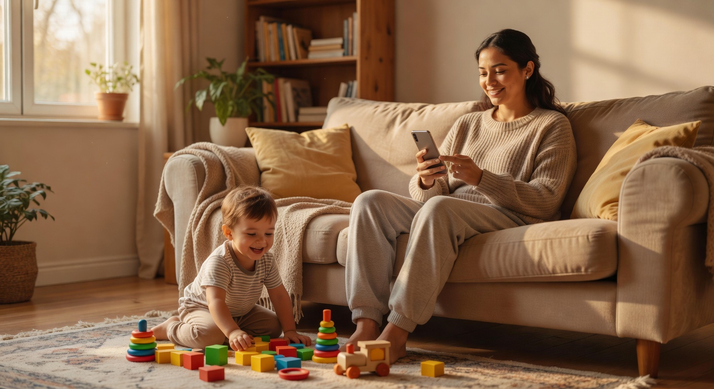 Parent texting on phone while child plays nearby — easy access to telehealth care from home