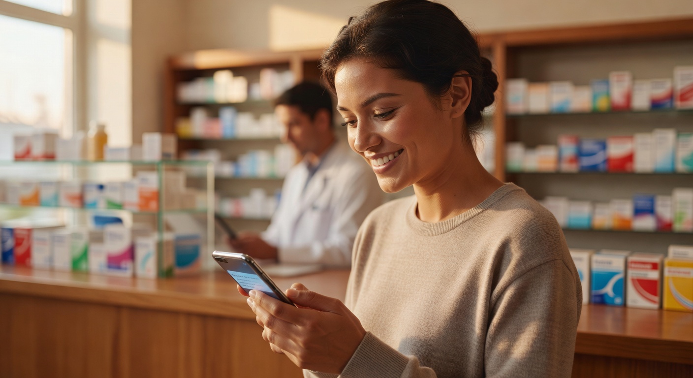 Person smiling at a text notification on their phone, pharmacy counter blurred in background