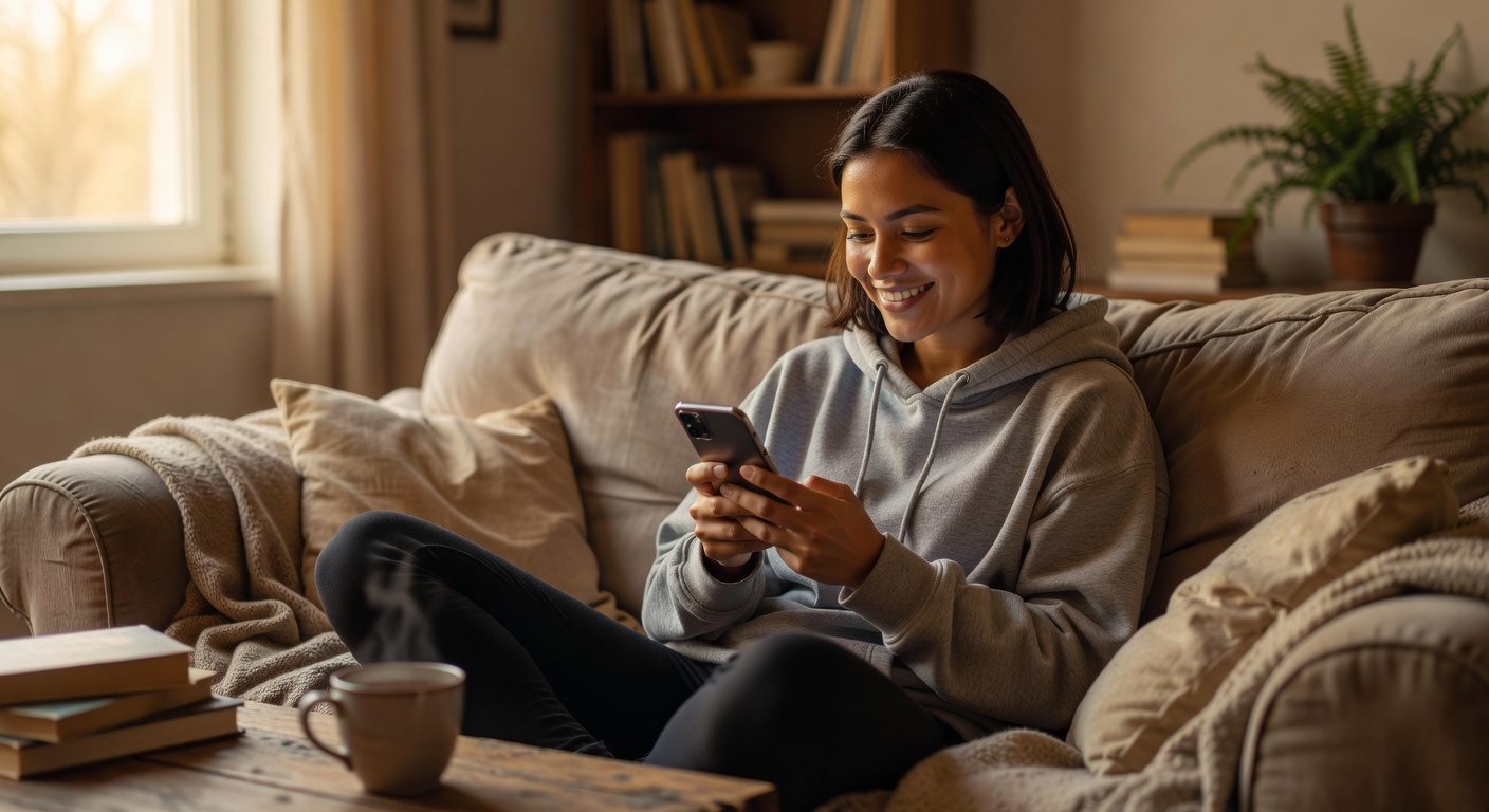 Person smiling with relief while texting on their phone from home
