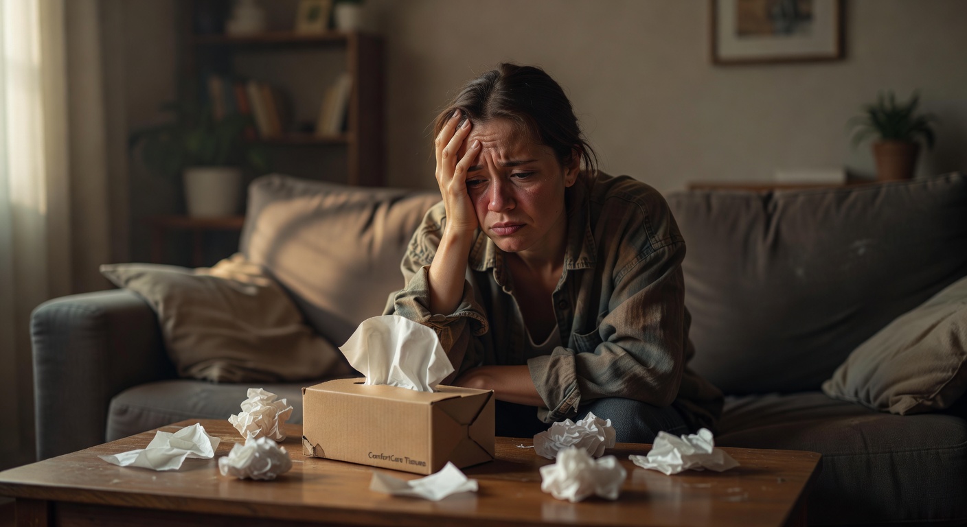 Person with sinus pressure holding their forehead, looking miserable with tissue box nearby