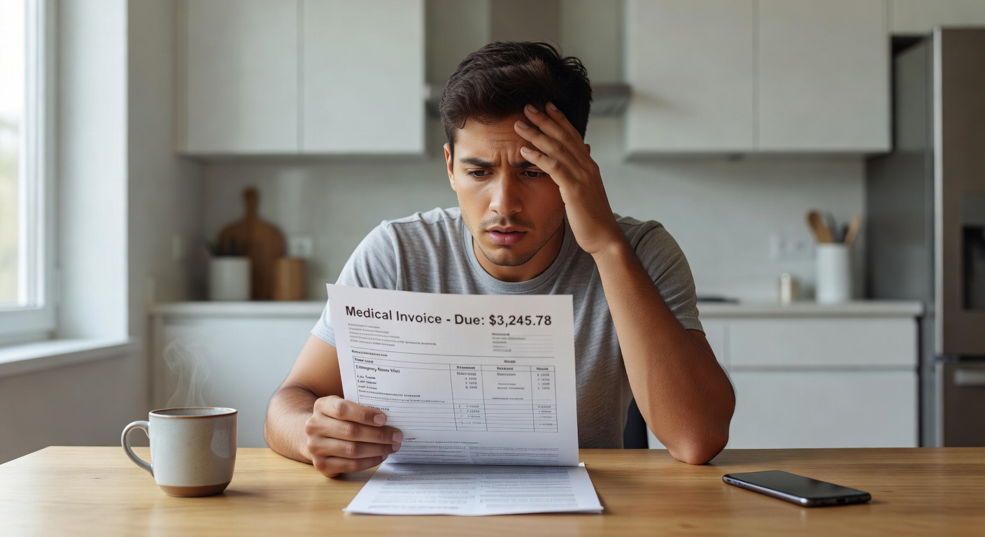 Person looking stressed while reading a medical bill at their kitchen table