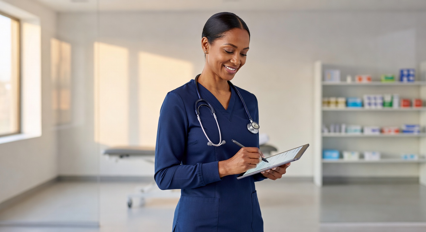Nurse practitioner in scrubs writing a prescription on a tablet in a modern clinic