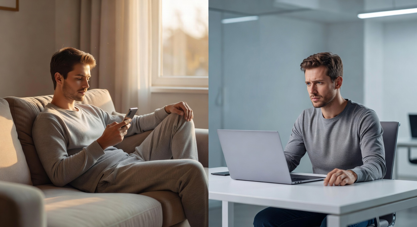 Split screen: person texting casually on couch versus person on stressful video call — text-based telehealth vs. video telehealth comparison
