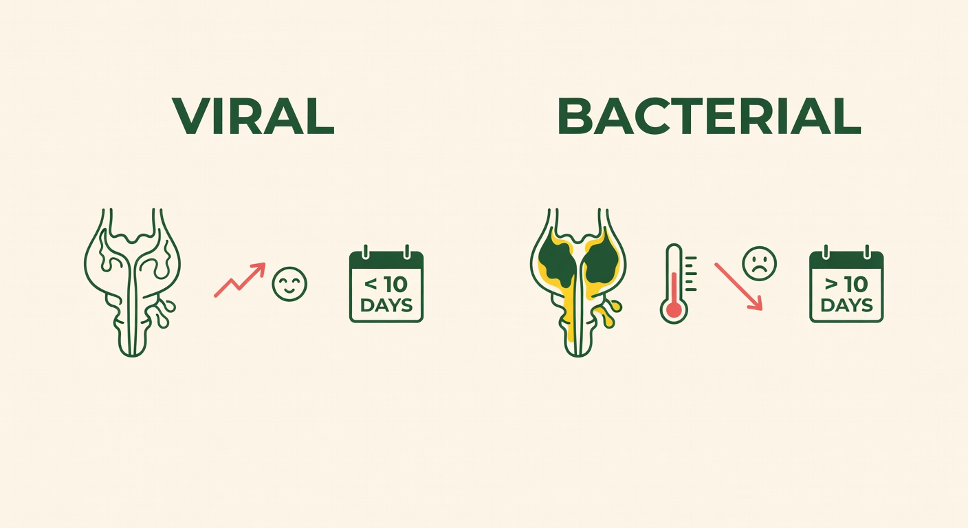 Infographic comparing viral vs bacterial sinus infection symptoms side by side