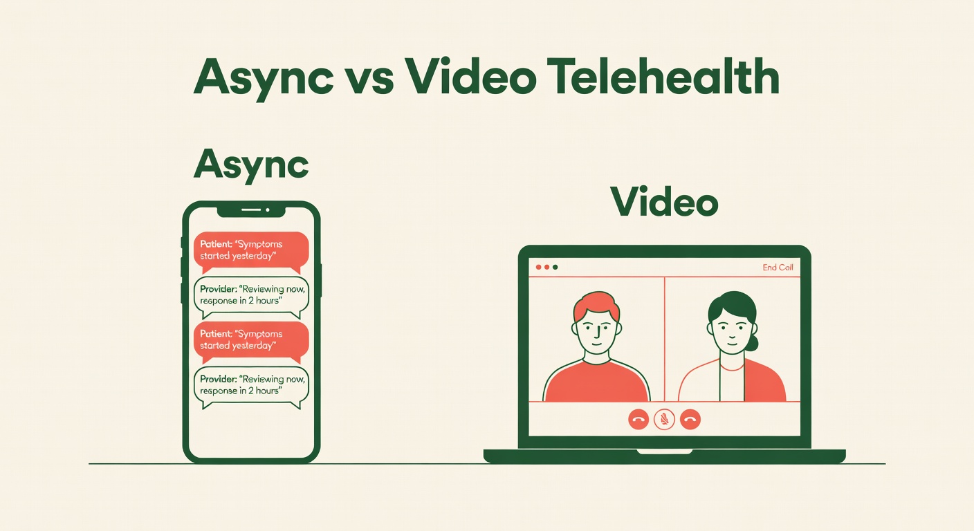 Side-by-side comparison infographic showing async telemedicine via text messages versus synchronous video telehealth