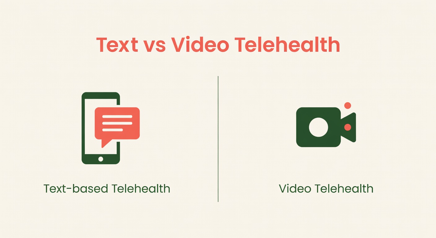 Flat illustration infographic: Text vs Video Telehealth side-by-side comparison with icons in army green and coral