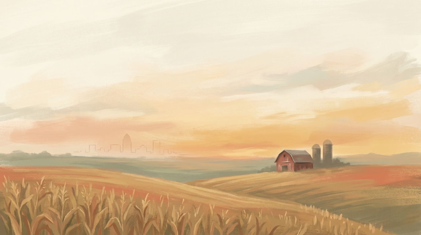 Iowa farmland, Des Moines in the distance