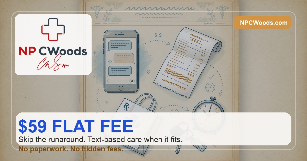 NPCWoods cost savings and convenience guide showing $59 flat fee text-based care