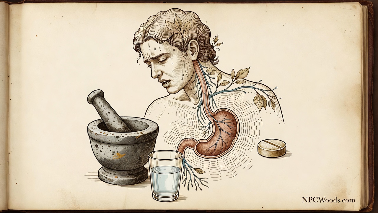 Vintage medical illustration — nausea and vomiting treatment with Zofran
