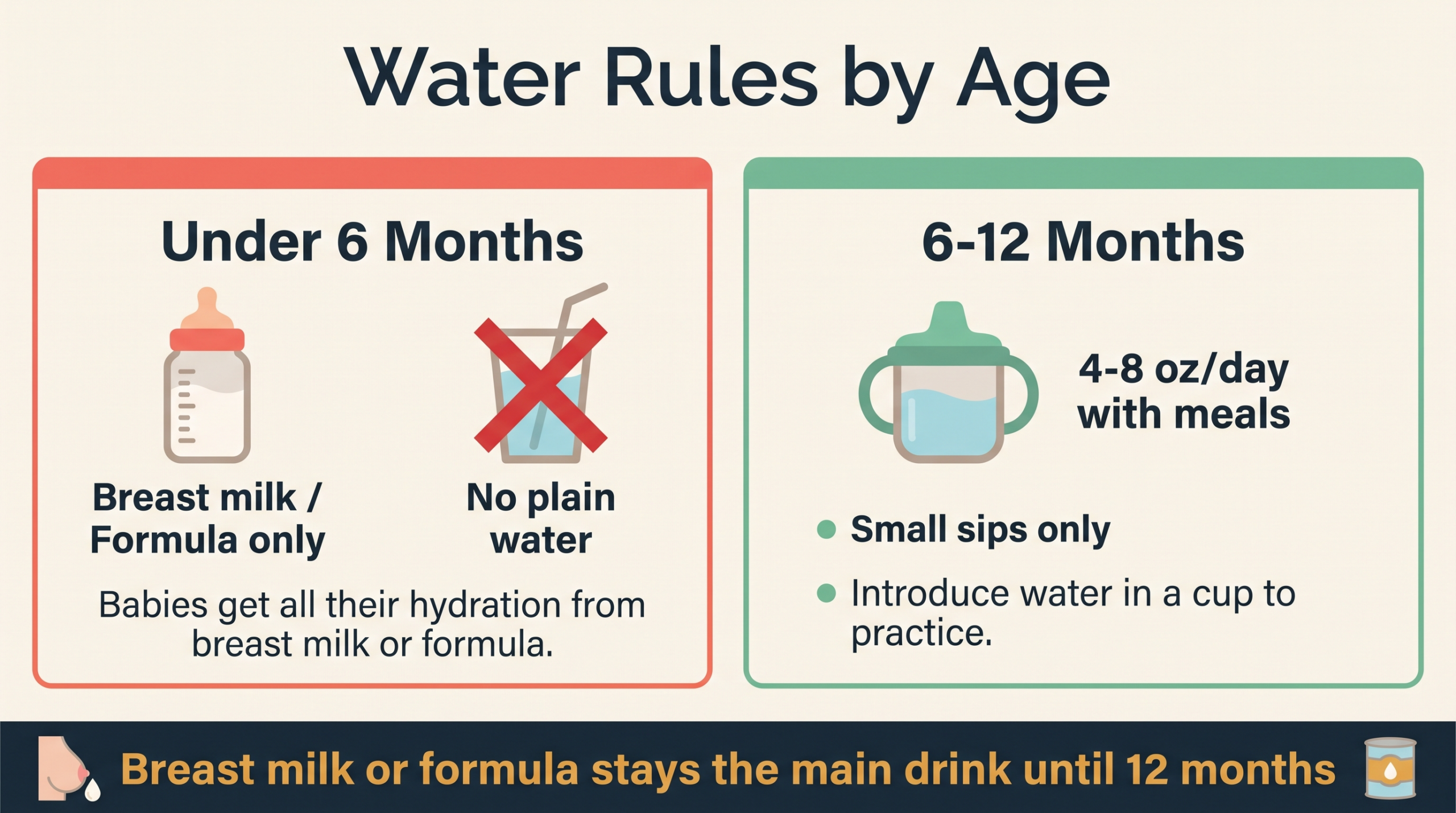 Infographic showing water rules by age for babies under 12 months